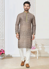 Contrasting indian aspiring Printed khakhi on  jacquard silk Mens kurta for wedding and other occasion comes with pajama